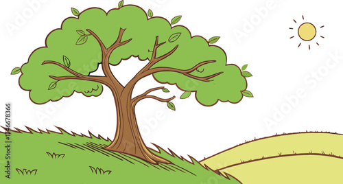 Whimsical springtime scene with a vibrant tree, sunny sky, and rolling grassy hills, evoking joy, peace, and the beauty of nature's simple pleasures