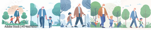 vector of a grandfather and grandson walking hand in hand in the park