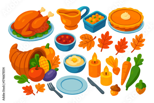 Thanksgiving Feast Icons. Isometric vector illustration set Thanksgiving Table Set: roasted turkey, gravy boat, stuffing, pumpkin