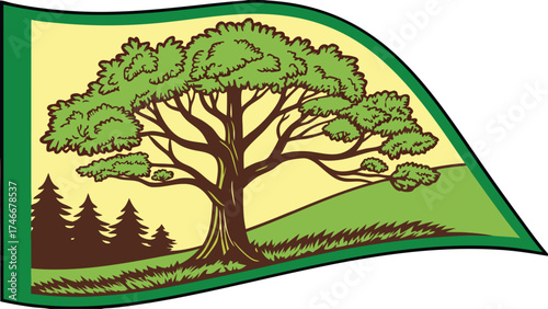 Serene nature landscape with mature tree, grassy hill, and pine forest for eco-friendly designs, outdoor adventures, and environmental themes