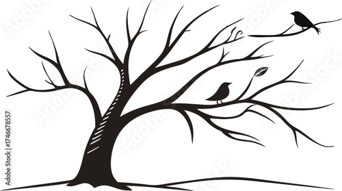 Elegant silhouette of a bare tree with perched birds evoking nature's beauty, perfect for designs needing simple, organic, and peaceful elements