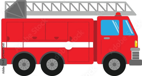 Red Fire Truck with Ladder Vector Illustration, Emergency Firefighting Vehicle Side View