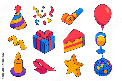 Festive Celebration Icons. Isometric vector illustration set Festive Celebration Kit: party hat, confetti, noisemaker, balloon,