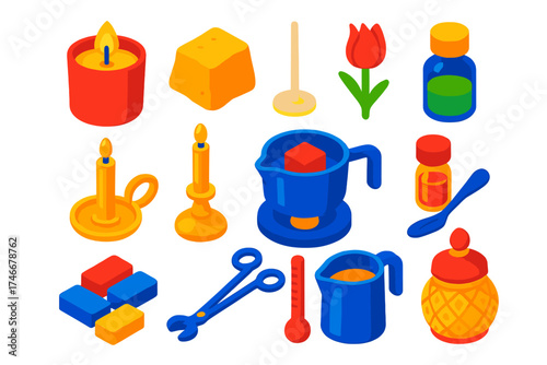 Vibrant Candle Icons. Isometric vector illustration set Scented Candle Icons: candle, wax, wick, scent, candle holder, melting pot