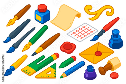 Lettering Art Supplies. Isometric vector illustration set Lettering Art Kit: calligraphy pen, ink bottle, flourish, nib holder,
