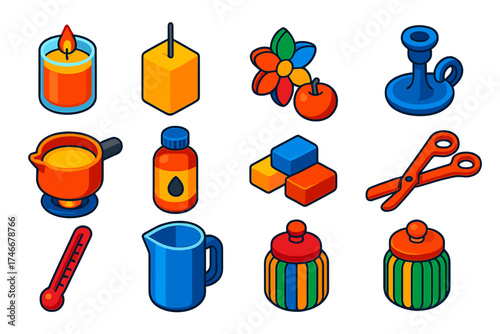 Vibrant Candle Icons. Isometric vector illustration set Scented Candle Icons: candle, wax, wick, scent, candle holder, melting pot