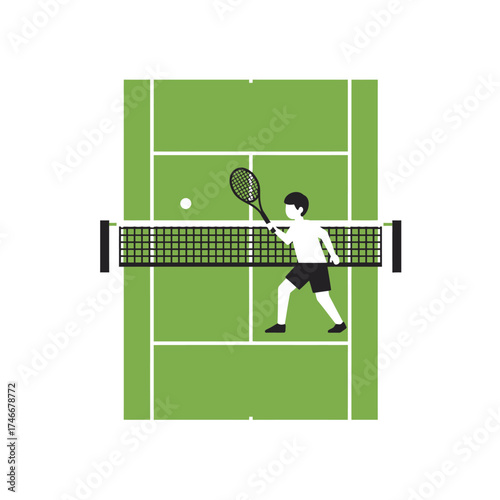 An overhead view illustration captures a young male tennis player in action, skillfully returning a serve on a vibrant green court with a net.