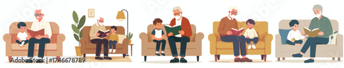 vector of a grandfather reading a story book to his grandson