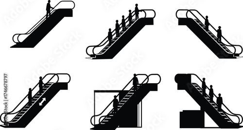 Black silhouette vector illustration of escalator icons with people ascending and descending in various public transport, shopping mall, and airport scenarios
