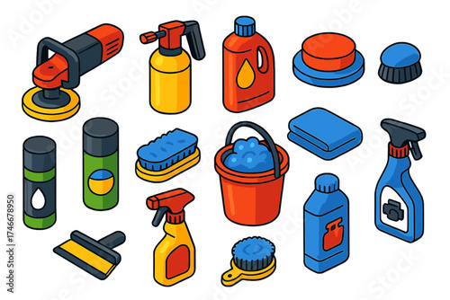 Bold Car Detailing Icons. Isometric vector illustration set Professional detailing: Polishing machine, Foam sprayer, Car shampoo,