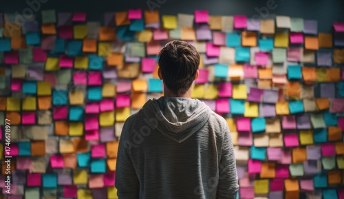 Person Standing in Front of Wall Filled with Colorful Sticky Notes for Planning