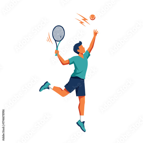 A dynamic male athlete leaps high to serve a tennis ball with power and precision during an intense match, showcasing athletic skill.