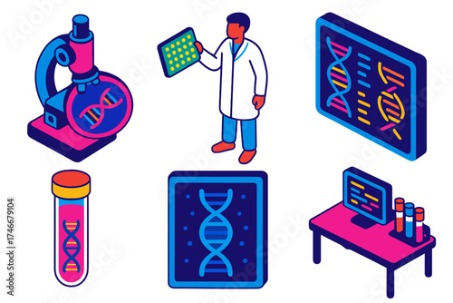 Genome Lab Icons. Isometric vector illustration set Genome Research Lab: microscope zooming on DNA, scientist holding gene chip,