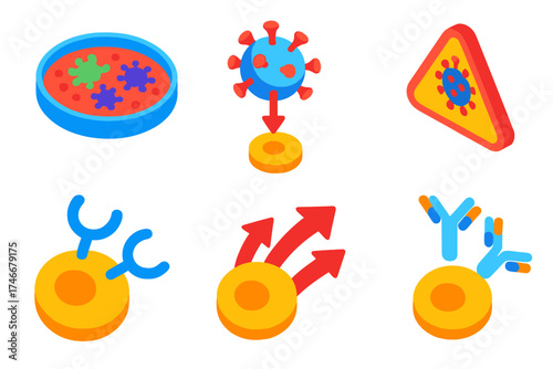 Infection Biology Icons. Isometric vector illustration set Infection Biology: petri dish showing infected sample, virus