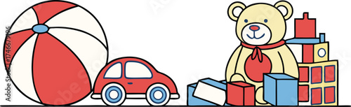 Adorable toys including a teddy bear, ball, car, and building blocks, perfect for a children's illustration or educational resource, originally a vector