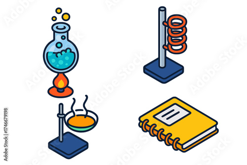 Chemical Experiment Icons. Isometric vector illustration set Heat and Reaction Lab: chemical solution bubbling over flame, metal