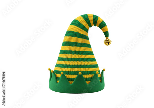 Fotografía Isolated striped Christmas elf hat with gold bell at the end for party time and