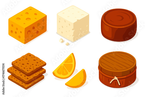 Rustic Dairy Tasting. Isometric vector illustration set Rustic Dairy Tasting: farm-style cheese block, crumbly feta cube, smoked