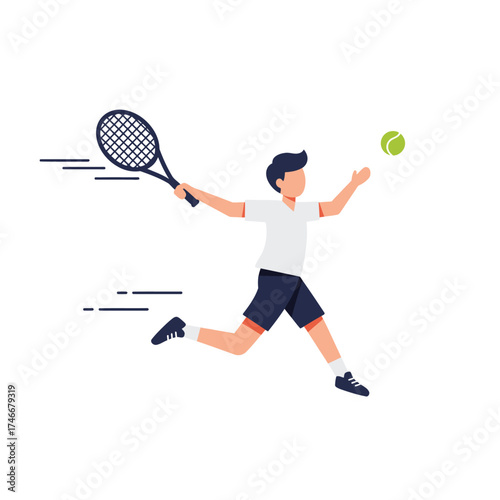 A dynamic illustration captures a young male tennis player in mid-action, expertly swinging his racket to hit a vibrant green ball during an energetic game.