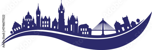 Iconic city skyline silhouette with architectural landmarks against a white background