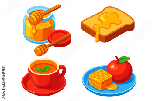Breakfast with Honey. Isometric vector illustration set Breakfast with Honey: open honey jar, toast with honey drizzle, dipper