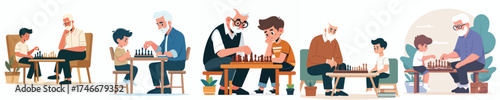 vector of a grandfather playing chess with his grandson
