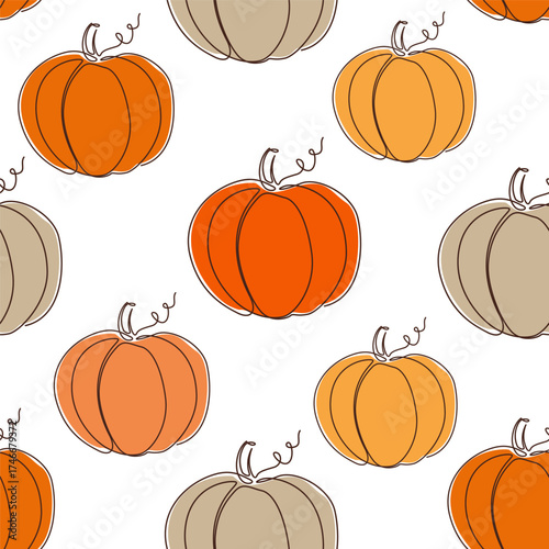 Pumpkin seamless pattern on a white background. Halloween or Thanksgiving color texture. Vector illustration decoration texture wallpaper with vegetable. Pattern with orange pumpkins in flat style.