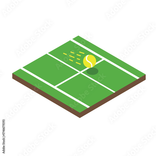 An isometric illustration depicts a vibrant green tennis court with crisp white lines, featuring a dynamic yellow tennis ball in motion across the playing surface.