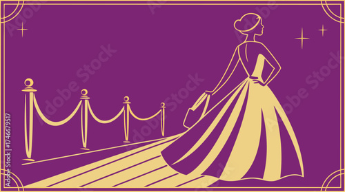 Elegant woman gracing red carpet event with style, embodying glamour, fashion, and sophistication in a vector-based design for upscale branding