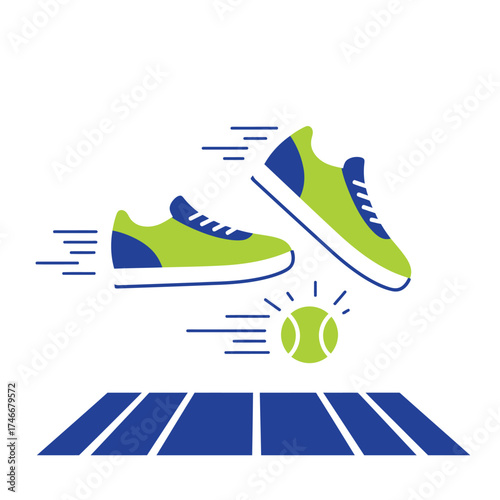 Dynamic illustration of athletic shoes and a bouncing tennis ball on a court, symbolizing energetic sports activity and competition.