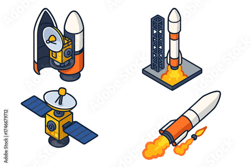 Space Probe Launch Phases. Isometric vector illustration set Space Probe Launch Phase: probe inside rocket fairing, dish folded,