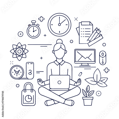 Focused Work and Productivity Outline Illustration