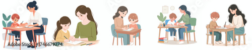vector of a mother teaching her child to study