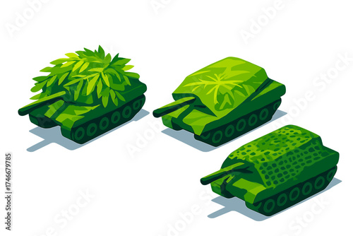 Military Camouflage Vehicles. Isometric vector illustration set Military Vehicle Camouflage: tank silhouette in foliage cover,