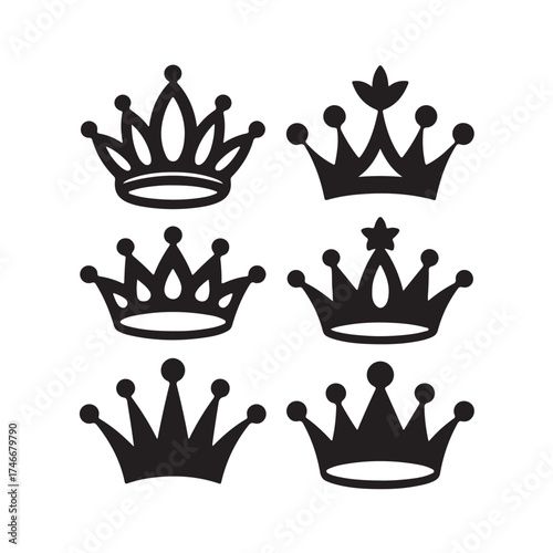 Elegant Crown Collection Depicting Royalty and Power in Black Silhouette Style Embodying Classic Regal Symbolism and Artistic Design