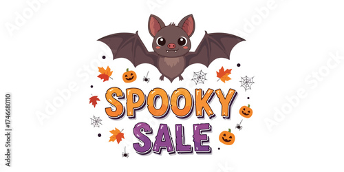 A cartoon bat flies above "Spooky Sale" text surrounded by Halloween icons like pumpkins and leaves.