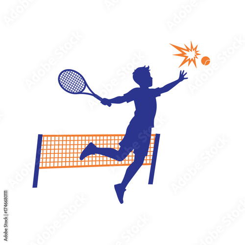 A dynamic blue silhouette illustration portrays a young tennis player leaping to powerfully strike a tennis ball with intensity over a vibrant orange net.