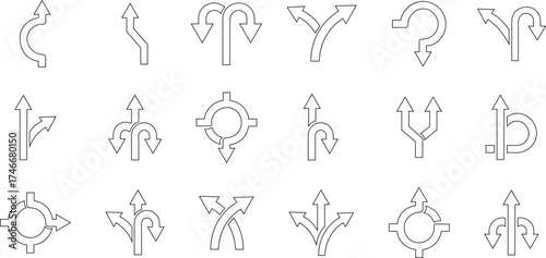 Road or way direction outline arrow icon set. One-way, Two-way, Three-way direction arrow sign. Fork sign, Way pointer symbol. Turn arrow navigation sign. Traffic route. Vector illustration !
