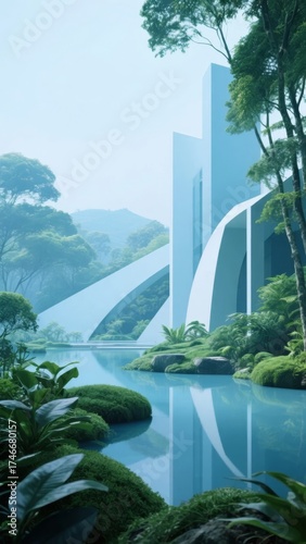 Modern architectural structure integrated into a lush, serene natural landscape with reflective water and greenery