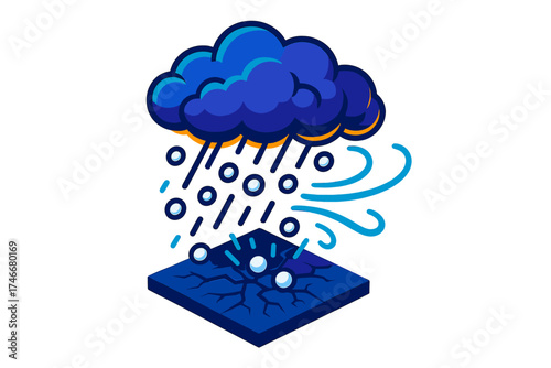 Hailstorm Vector Illustration. Isometric vector illustration set Hailstorm Weather Scene: cloud cluster above with falling