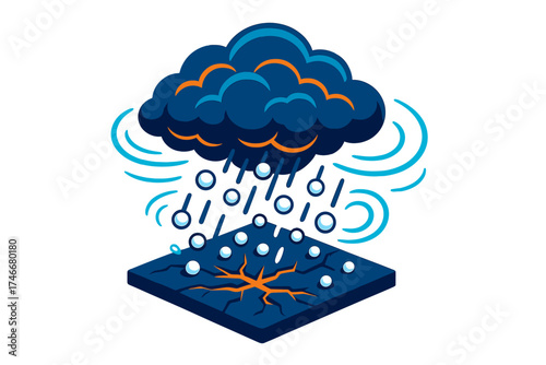 Hailstorm Vector Illustration. Isometric vector illustration set Hailstorm Weather Scene: cloud cluster above with falling