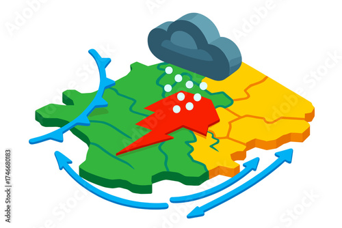 Hailstorm Zone Map. Isometric vector illustration set Weather Map with Hail Zone: regional map with highlighted hailstorm area,