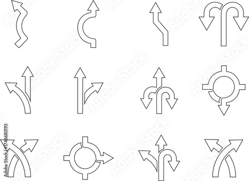Road or way direction outline arrow icon set. One-way, Two-way, Three-way direction arrow sign. Fork sign, Way pointer symbol. Turn arrow navigation sign. Traffic route. Vector illustration !
