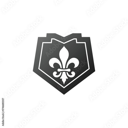 A modern black and white shield icon featuring a fleur-de-lis symbol in the center, representing elegance, honor, and protection. This minimalist emblem design combines strength and sophistication