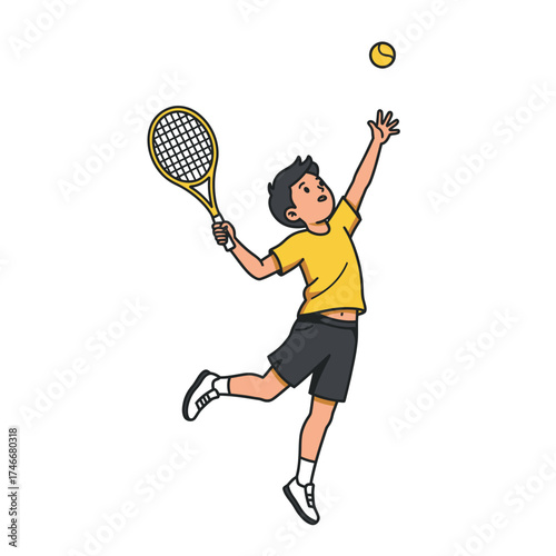 A vibrant illustration depicts a young boy in a yellow shirt and black shorts, energetically jumping to serve a tennis ball with his racket.