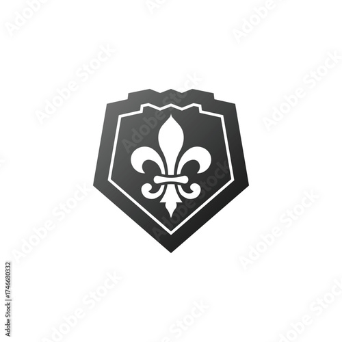 A modern black and white shield icon featuring a fleur-de-lis symbol in the center, representing elegance, honor, and protection. This minimalist emblem design combines strength and sophistication