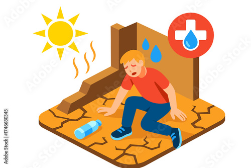 Dehydration Emergency Scene. Isometric vector illustration set Dehydration Emergency Scene: person collapsed under sun with