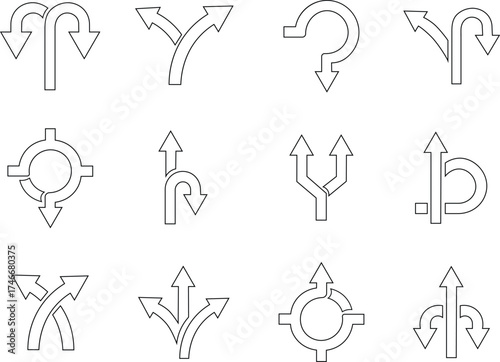 Road or way direction outline arrow icon set. One-way, Two-way, Three-way direction arrow sign. Fork sign, Way pointer symbol. Turn arrow navigation sign. Traffic route. Vector illustration !

