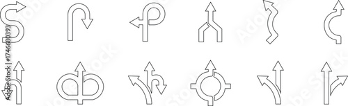 Road or way direction outline arrow icon set. One-way, Two-way, Three-way direction arrow sign. Fork sign, Way pointer symbol. Turn arrow navigation sign. Traffic route. Vector illustration !
