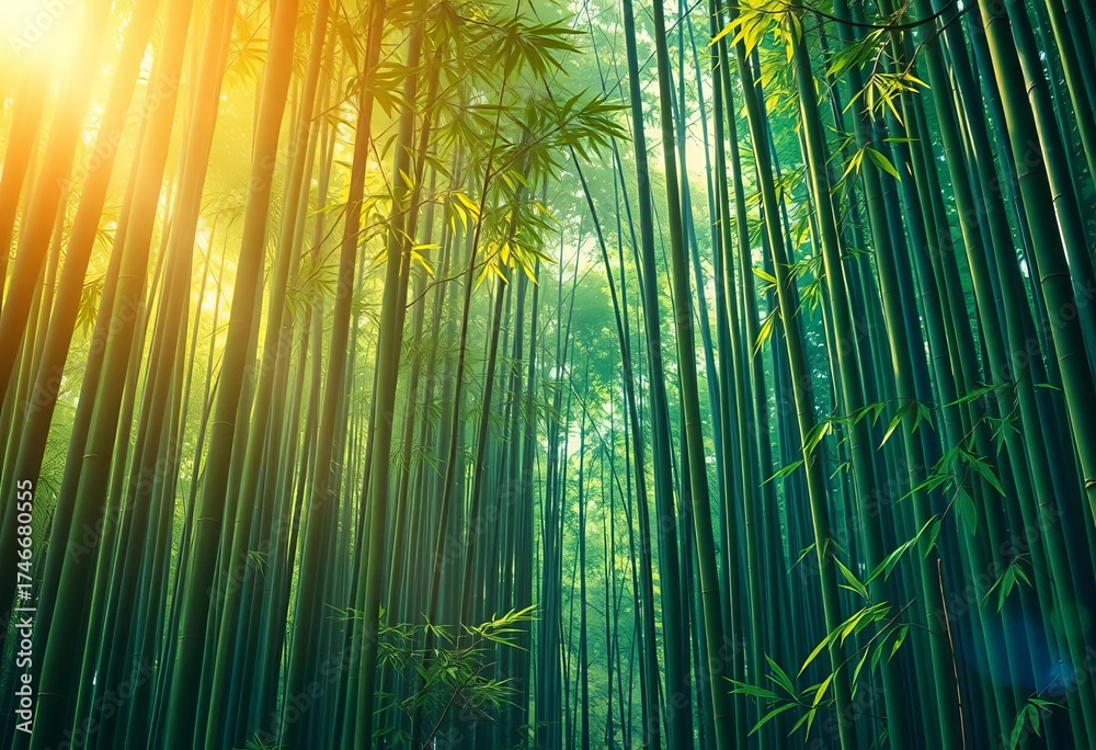 Fototapeta premium Stunning anime-style Kyoto bamboo forest background Vibrant greens, ethereal light, design, digital art